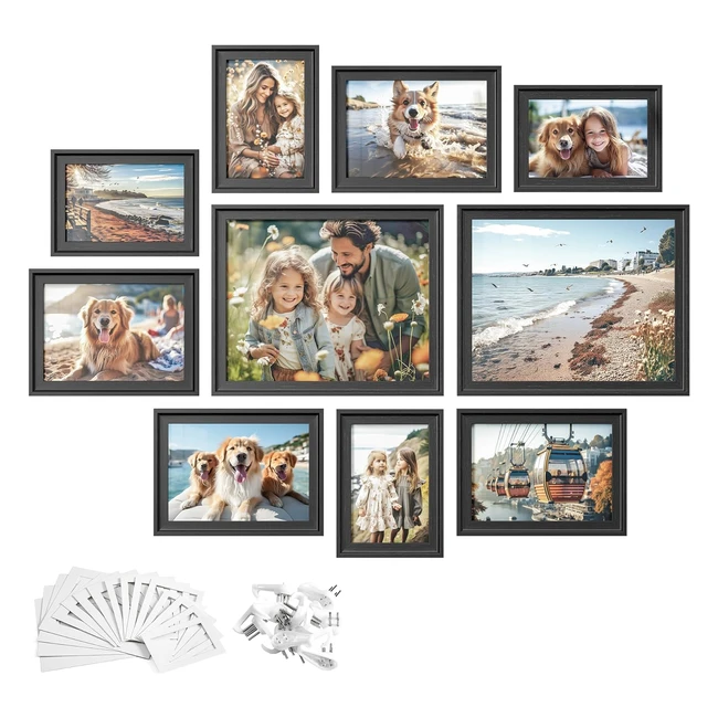 Songmics Picture Frames Set of 10 - 16 Mats - HangingTabletop Display - MDFGla