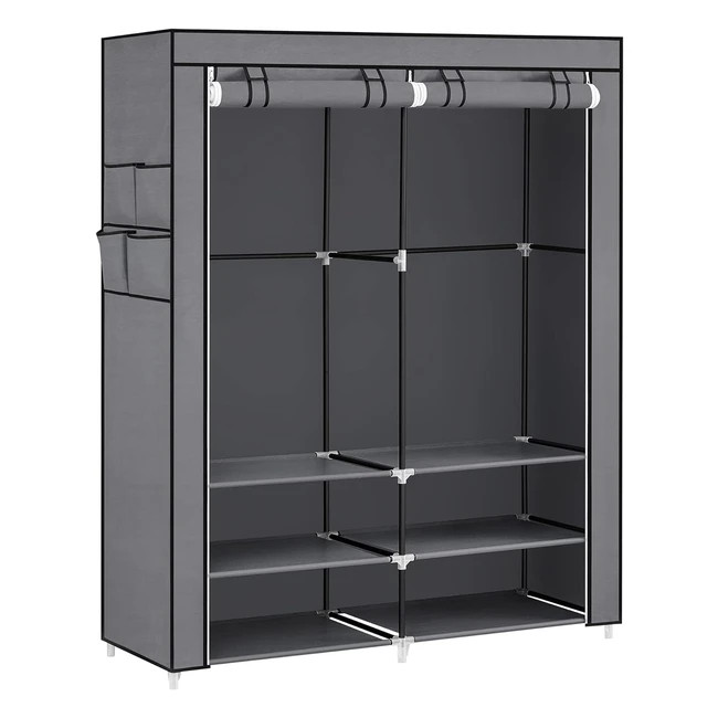 Songmics Stoffschrank Kleiderschrank 45 x 127 x 176 cm - 2 Hängefächer, Ablagen, 4 Seitentaschen - Grau RYG008G02