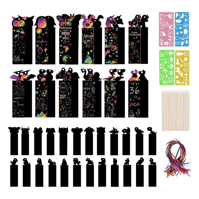 Vicloon Scratch Art 36pcs Magic Rainbow Bookmarks - Party Bag Fillers with Ribbons & Stylus
