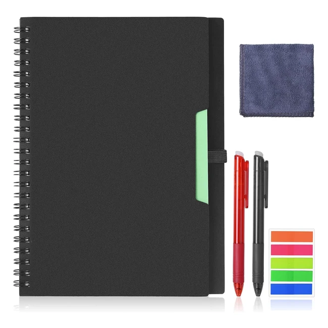 Vicloon Smart Reusable Notebook A5 - Wirebound Notebook with Frixion Pens, Sticky Notes, Flags - Quick Sketch, Cloud Storage, Reuse - Black