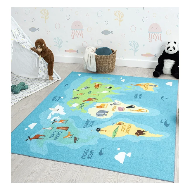 Teppich Happy Life Kinderzimmer Kinderteppich Spielteppich Weltkarte Erde Tiere Blau 80x150cm