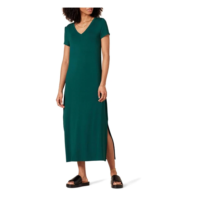 Amazon Essentials Womens Jersey V-Neck Dress - Dark Green - Size L - Comfortabl