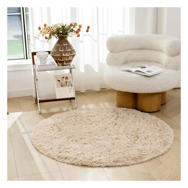 Tappeto Rotondo Soffici in Velluto Beige 120x120cm Omerai - Morbido e Antiscivol