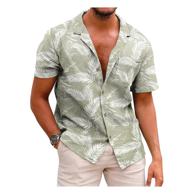 Coofandy Mens Hawaiian Floral Shirt - Cotton Linen Button Down - Tropical Holid