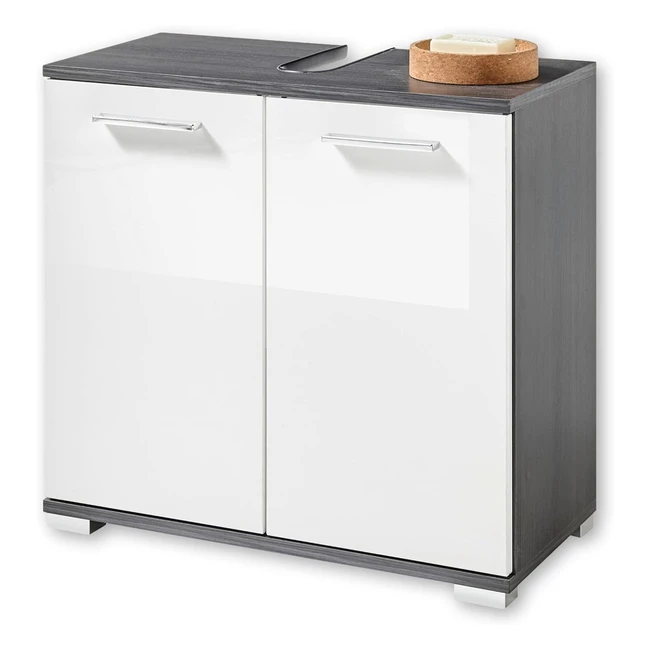 Orlando Badezimmerschrank in Weiß Hochglanz Kiefergrau | Viel Stauraum | 60x57x30 cm