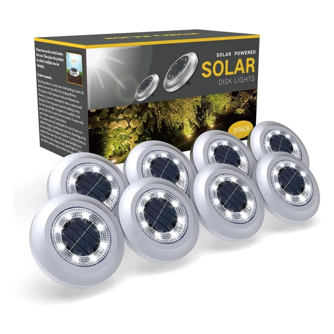 2023 Upgraded Solar Lights Outdoor Garden 8 Pack - Disk Lights Decking Lights - Solar Powered - White Light