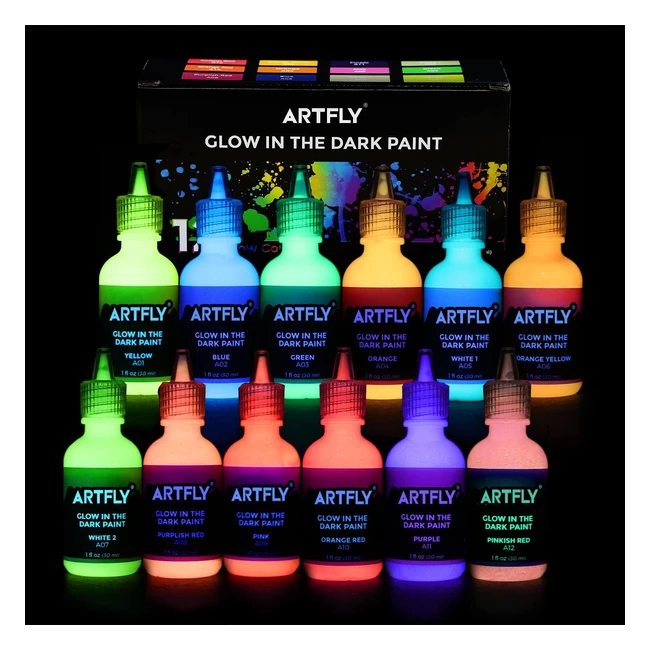 Artfly Glow in the Dark - Juego de Pintura Brillante - 12 Colores - 30ml1oz - Pigmentos Ricos