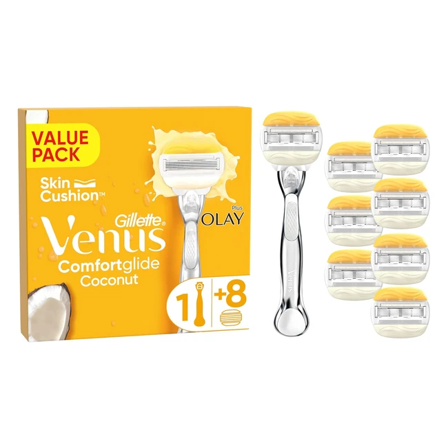 Gillette Venus ComfortGlide Coconut with Olay Women's Razor + 8 Refills - Smooth Shave, Vitamin E, 2 Gel Bars