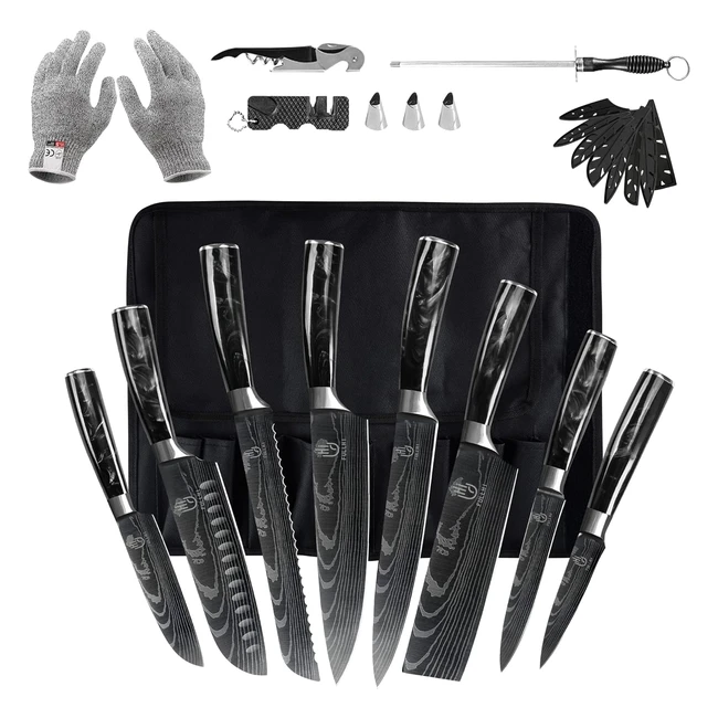 Set Coltelli da Cucina Fullhi Nero 14pz Acciaio Inox Chef - Lama Laser - Manigli