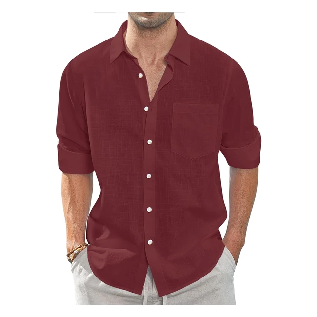 JVER Men's Linen Cotton Shirts Long Sleeve Regular Fit Casual Solid Shirt Lightweight Summer Beach Shirts with Pocket