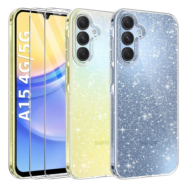 Aroyi Clear Glitter Case for Samsung Galaxy A15 4G 5G with 2 Tempered Glass Screen Protector Soft Bumper Antiscratch Sparkle Bling