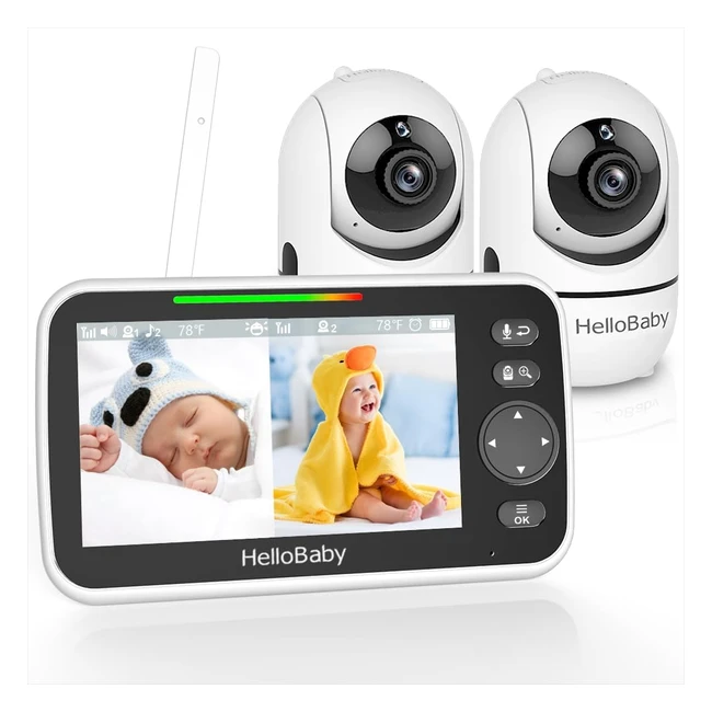 hellobaby Baby Monitor 2 Cameras Night Vision 5 Split Screen 26Hr Battery PTZ Vi