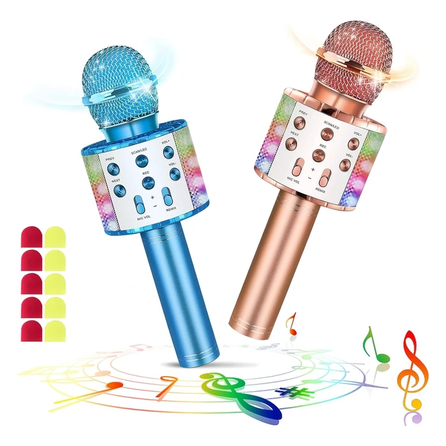 Juego de 2 Micrófono de Karaoke Inalámbrico Bluetooth con Luces LED - Portátil de Mano - Regalos para Niños y Adultos - 10 Cubiertas Desechables