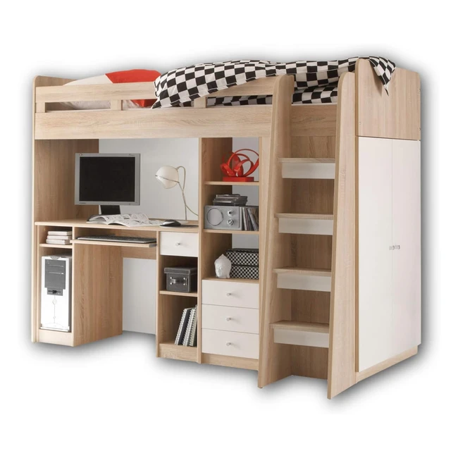 Stella Trading Hochbett mit Schreibtisch und Schrank 90x200 cm - Platzsparendes 