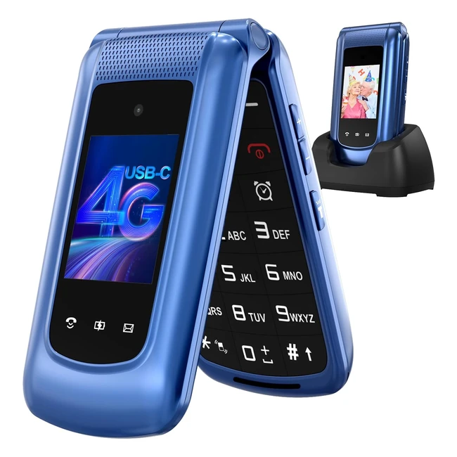 Uleway 4G Teléfono Móvil Mayores Doble SIM Doble Pantalla LCD Botón SOS USB C Batería 1000mAh Azul