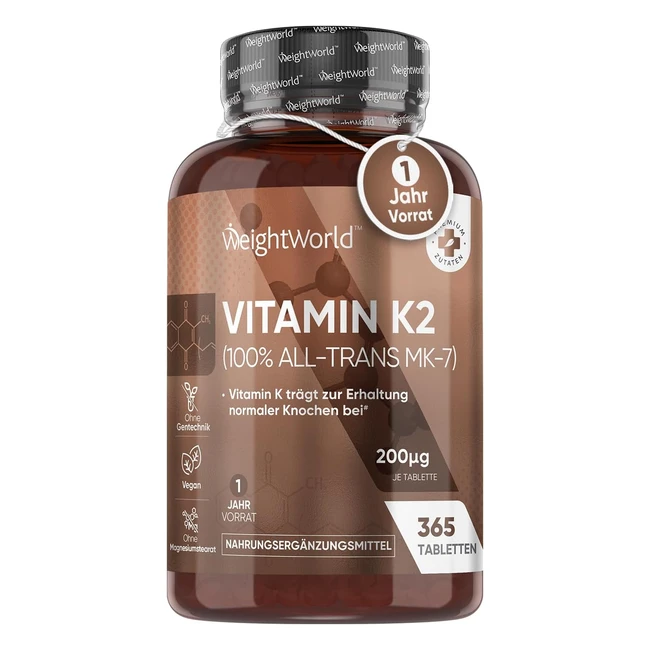 Vitamin K2 MK7365 Vegan Tabletten 200g pro Dosis 100 Alltrans Menaquinon Blutgerinnung Knochen EFSA 1 Jahr Vorrat Vitamin K Präparate Alternative zu Tropfen WeightWorld