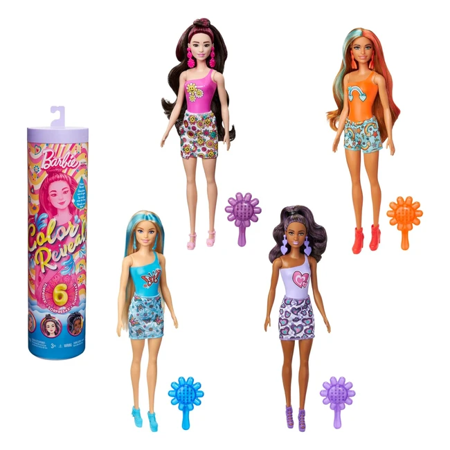 Barbie Color Reveal Puppe HRK06 - 6 Überraschungen - Psychedelisches Pink - Modeaccessoires - Flower Power Bürste