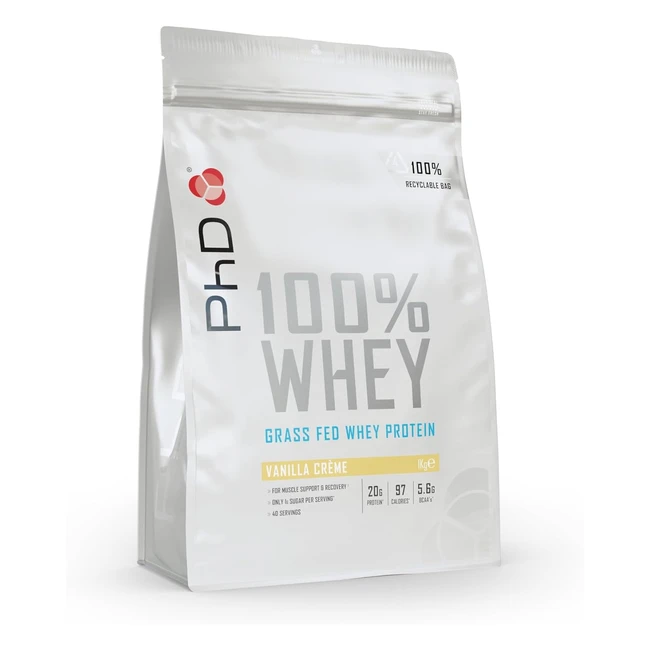 PhD Nutrition 100 Whey Grass Fed Whey Protein Vanilla Crème 1 kg - Proteine ad alto contenuto di aminoacidi