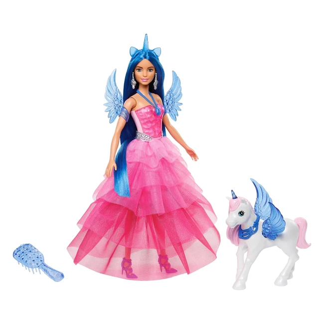 Poupée Barbie Licorne 65ème Anniversaire - Cheveux Bleus - Magie - Robe Rose - Aile - Jouet Enfant