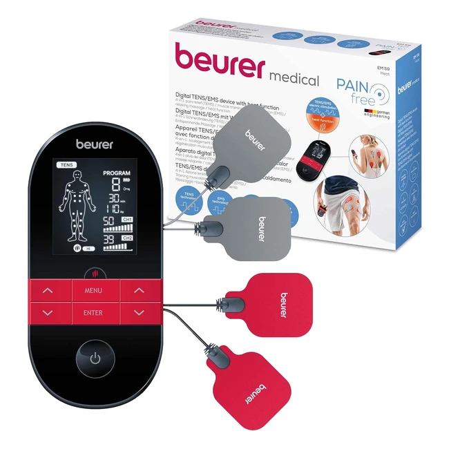 Beurer EM 59 Appareil Numérique Tens/EMS Stimulation Électrique 4en1 - Soulagement Douleur, Massage, Thérapie Thermique - Noir