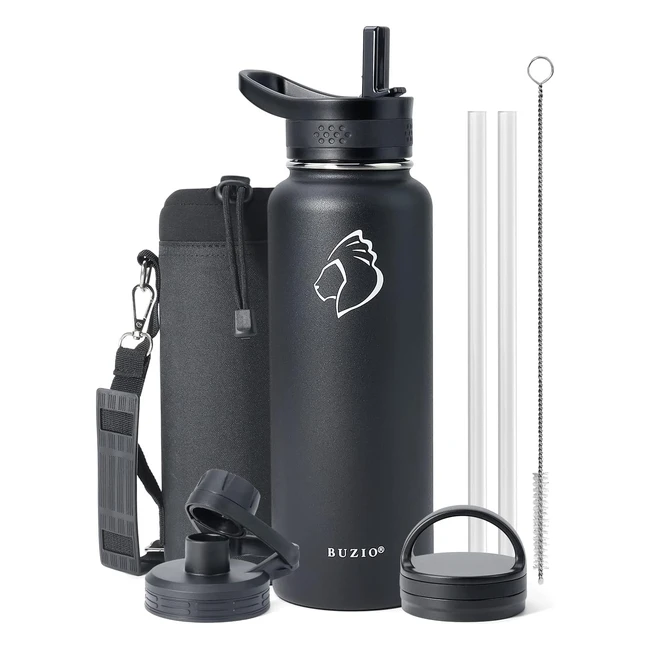 Buzio 1180ml Stainless Steel Water Bottle | Insulated Flask | Hot Cold | Straw Lids | Jug | Hydro Cup | Double Vacuum | Black