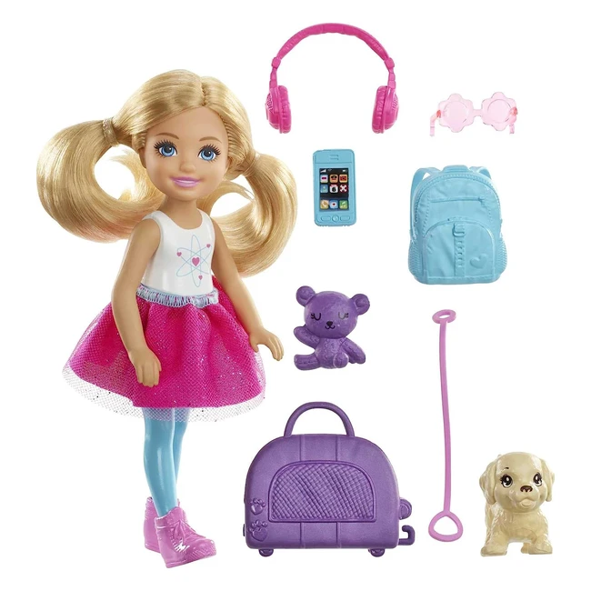 Barbie Voyage Mini-poupée Chelsea Blonde FWV20 avec Chien et Accessoires