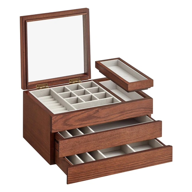 Songmics Wooden Jewellery Box 3Layer Organiser 2 Drawers Removable Tray JOW016K0