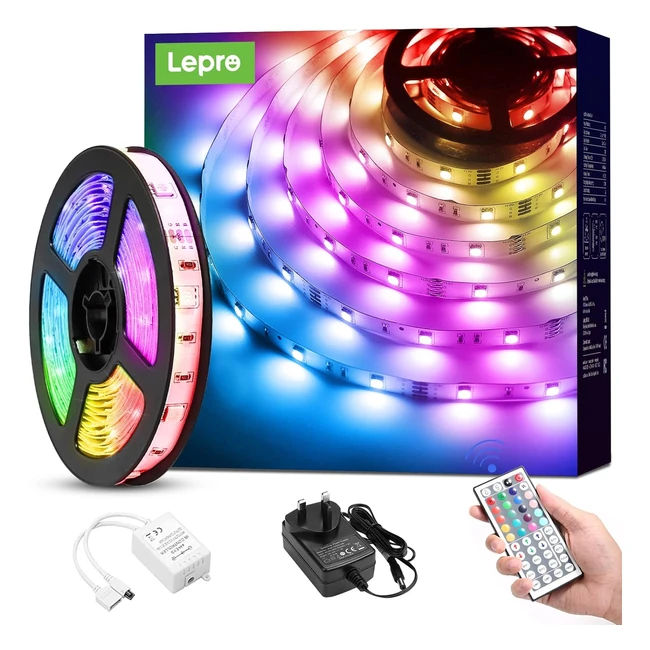 Lepro RGB LED Strip Light 5m Dimmable - 150 Bright 5050 LEDs - Remote Control - 