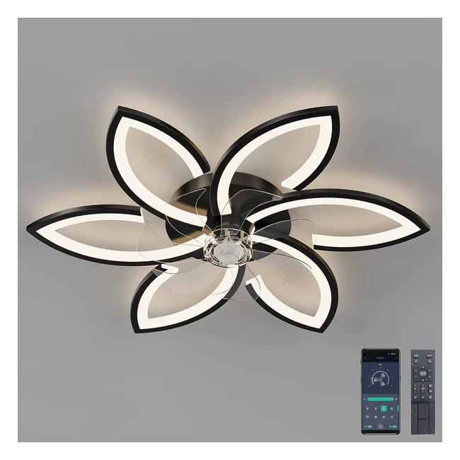 Ventilatore da soffitto silenzioso con luce - Didadida 70W - Telecomando e App - Dimmerabile - Forma di fiore - Nero