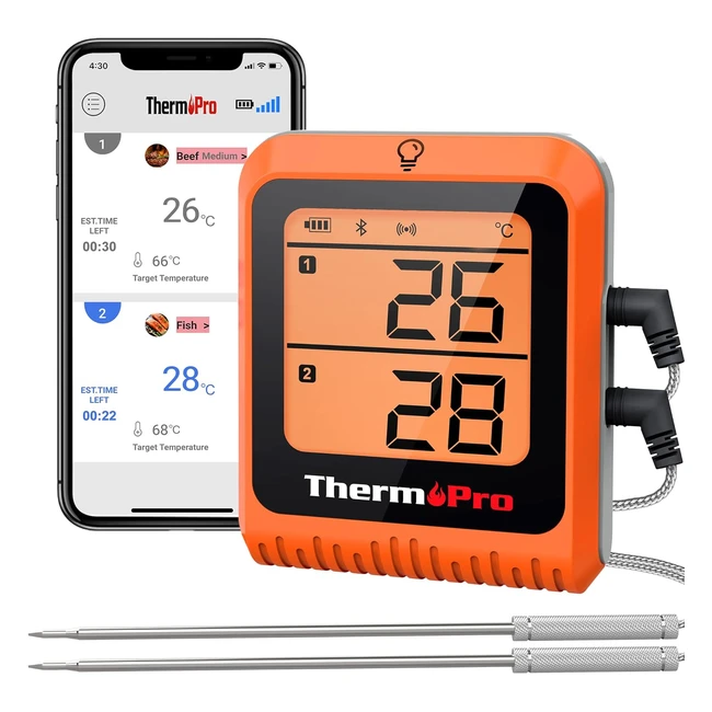 ThermoPro TP25H2 Wireless Bluetooth BBQ Meat Thermometer - Rechargeable, Dual Probes, Smart App