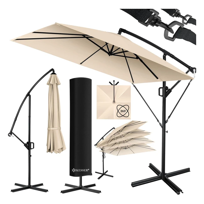 Kesser Holly Sonnenschirm rechteckig mit Abdeckung Wind- und UV-Schutz mit Kurbel Aluminium wasserabweisend Ø 350 cm Gartenschirm Marktschirm beige