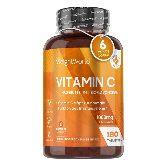 Vitamin C 1000mg für Immunsystem & Energie - 180 vegane Tabletten - Ascorbinsäure mit Bioflavonoiden - Magenfreundlich