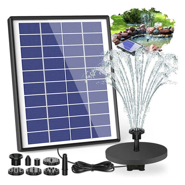 Aisitin 65W Solar Fountain Pump w/1500mAh Battery - 6 Nozzles for Bird Bath Fish Tank Pond or Garden