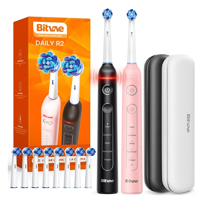Bitvae R2 Rotating Electric Toothbrush 2 Packs for Adults - Gifts for Men/Women - 5 Modes Rechargeable Power Toothbrush with 8 Brush Heads - Black/Pink