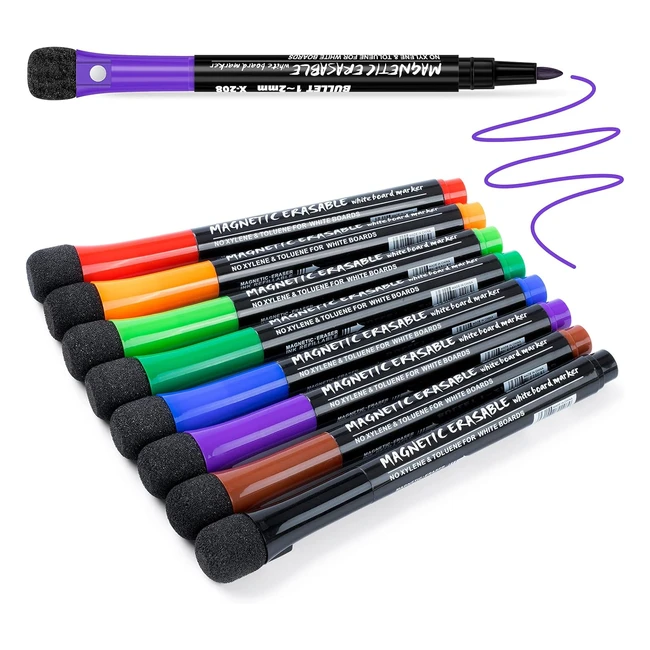 8 Colours Magnetic Whiteboard Markers Fine Tip - Set of 8 - Non-Toxic Ink