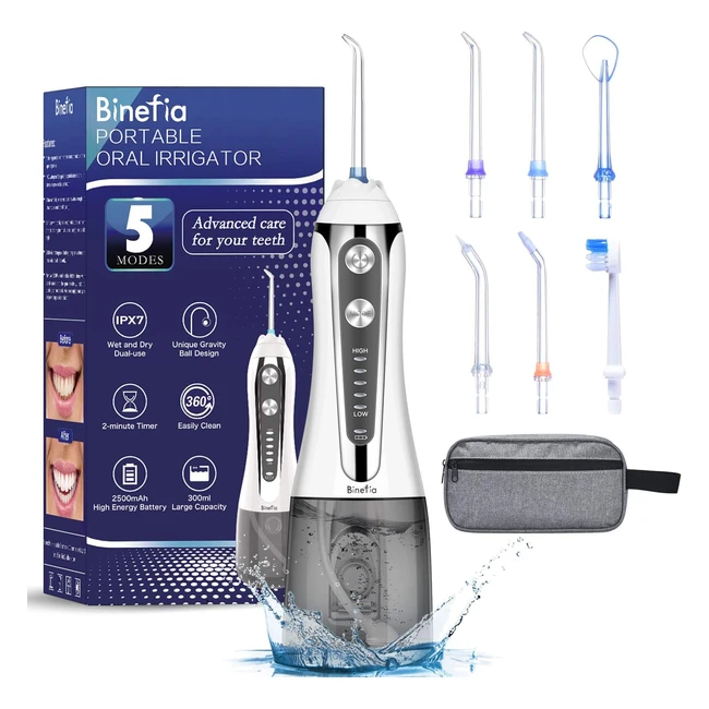 Binefia Water Flosser Cordless 5 Modes 360 Rotation IPX7 Waterproof 300ml USB Rechargeable