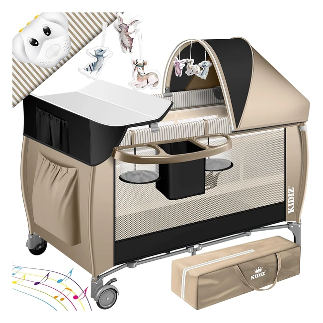 Kidiz Babybett 3 in 1 Reisebett Kombi-Set mit Wickelauflage Moskitonetz Laufstall Baby von Geburt bis 15 kg luftige Seitenwände mit Seiteneingang Tragetasche faltbar SchwarzBeige