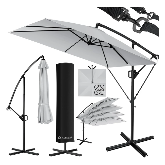 Kesser Holly Sonnenschirm rechteckig mit Abdeckung Wind- und UV-Schutz mit Kurbel Aluminium wasserabweisend Ø 350 cm Gartenmarktschirm hellgrau