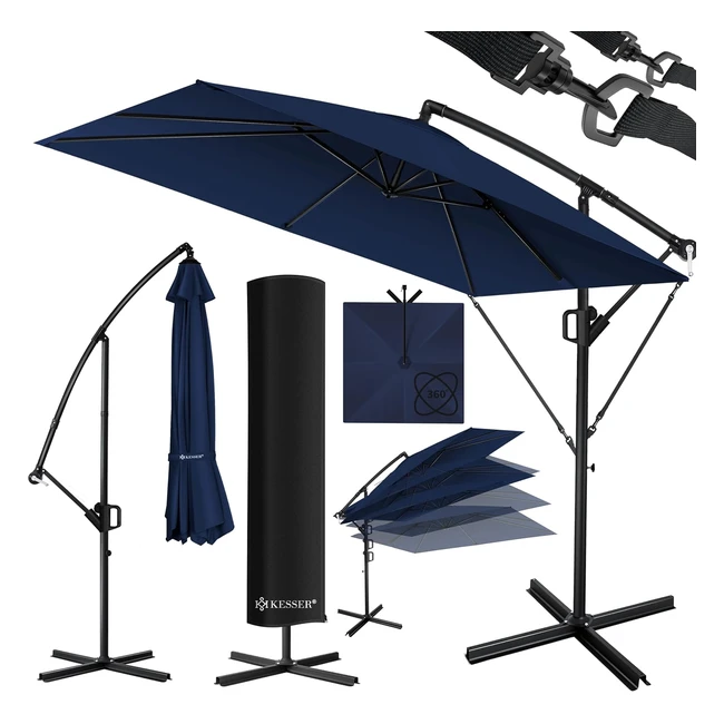 Kesser Holly Sonnenschirm rechteckig mit Abdeckung - Wind- und UV-Schutz mit Kurbel - Aluminium, wasserabweisend - Ø 350 cm - Garten- und Marktsonnenschirm - Marineblau