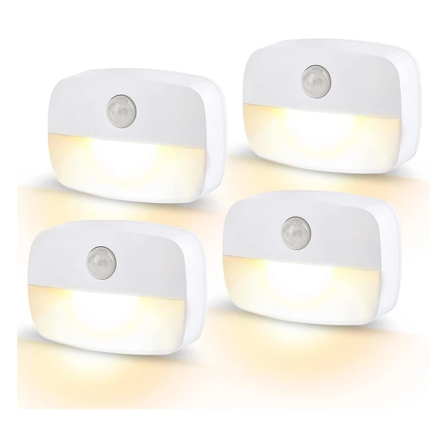 LED Motion Sensor Night Light 4 Pack by Ammtoo - Auto OnOff - Warm White Light