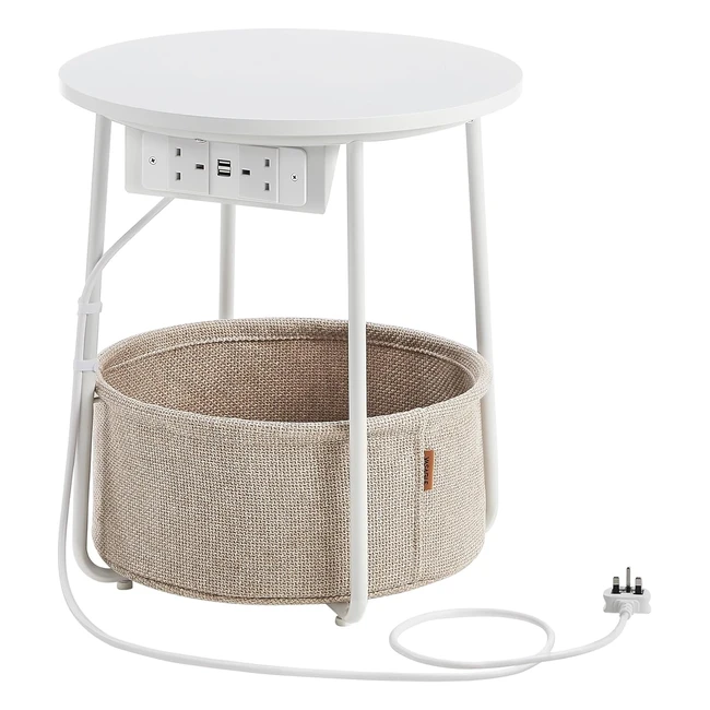 VASAGLE Side Table with Charging Station Let228W03 - Modern Matte WhiteCamel Br