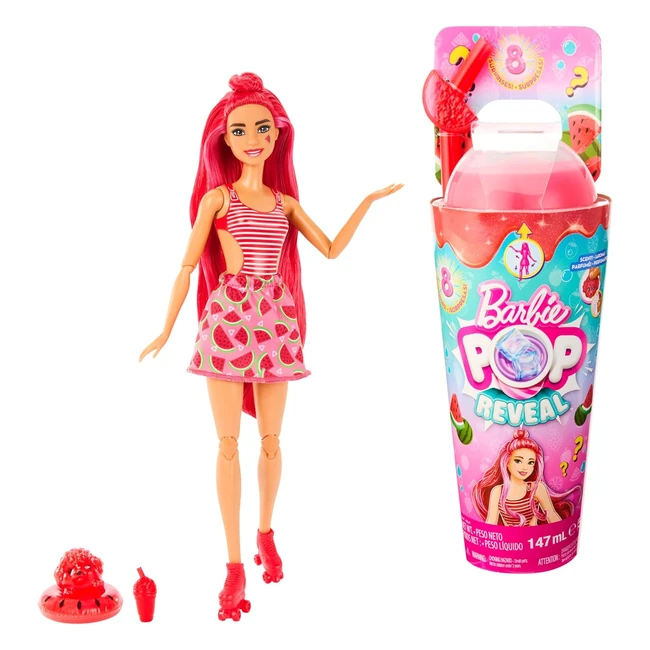 Barbie Pop Reveal Fruit Puppe mit roten Haaren in Wassermelonen-Duft 8 Überraschungen Duftender Squishy Hund Farbwechsel in Haaren und Make-up für Kinder ab 3 Jahren HNW43