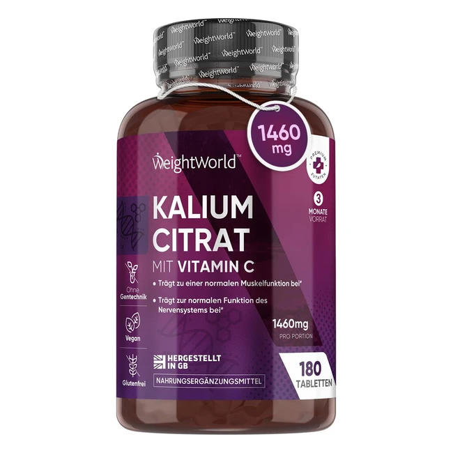 Potassium Tabletten 1460mg 180 Stück Vegan 3 Monate Versorgung Kaliumcitrat mit Vitamin C Muskelaufbau Elektrolyte Blutdruck Efsa