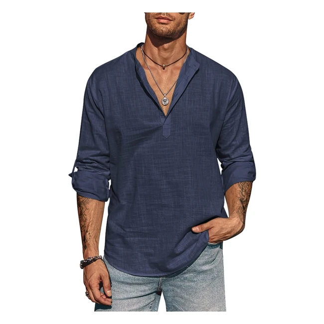 Chemise homme Coofandy col montant lin coupe régulière loisir t-shirt Henley bleu marine