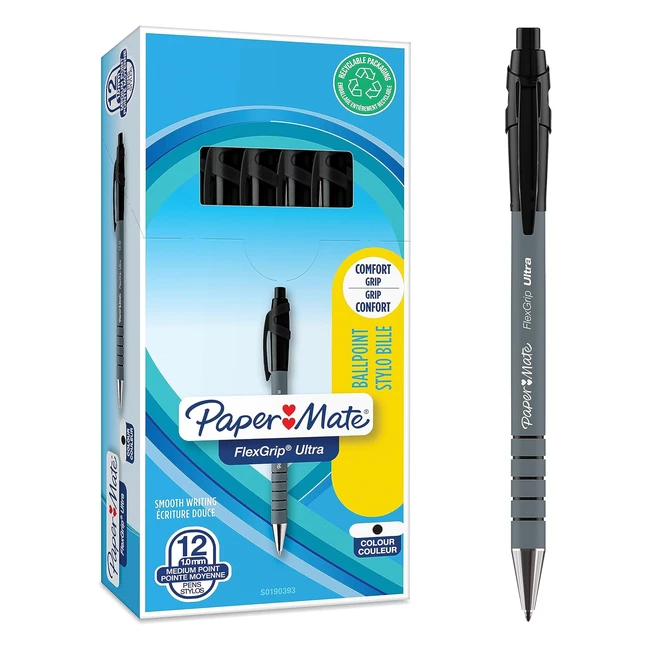 Paper Mate FlexGrip Ultra Retractable Ballpoint Pens - Medium Point 1.0mm - Black - 12 Count
