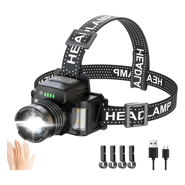 Linterna Frontal LED Recargable 50000 Lumen 6 Modos Sensor Luz Roja Azul IP65 Impermeable