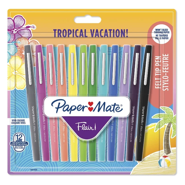 Paper Mate Flair Felt Tip Pens - Medium Point 07mm - Assorted Tropical Vacation Colors - 12 Count