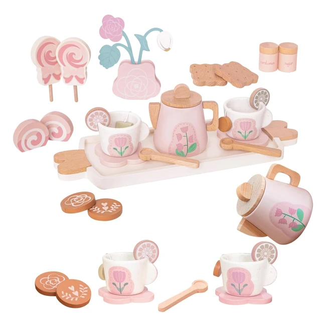 Set da tè in legno Smartwo per bambini - Rosa - 24 pezzi