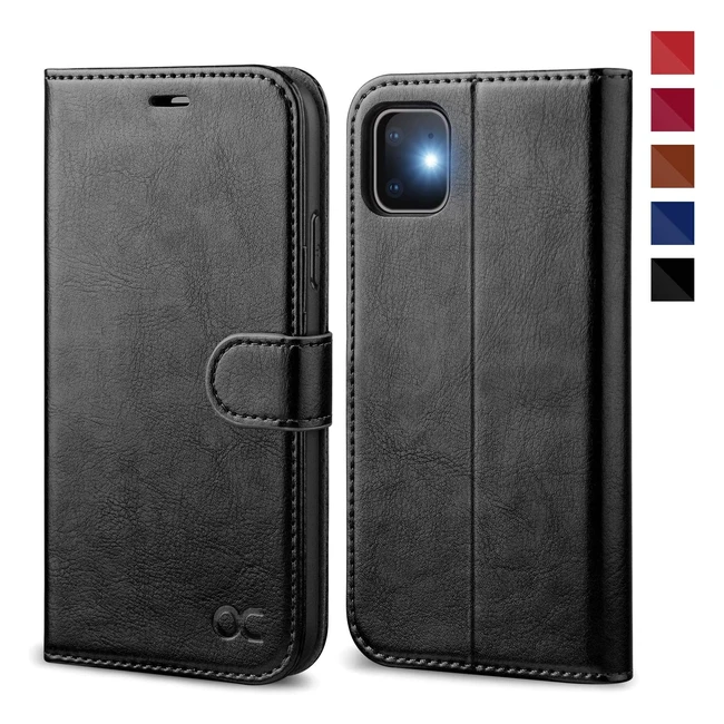 Ocase iPhone 11 Premium PU Leather Case - Kickstand Card Holder Wallet - Black