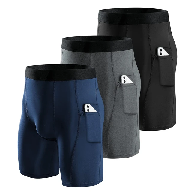 Niksa 3 Pack Men's Compression Shorts - Running Base Layer Shorts with Cell Phone Pockets - Tight, Dry, Breathable
